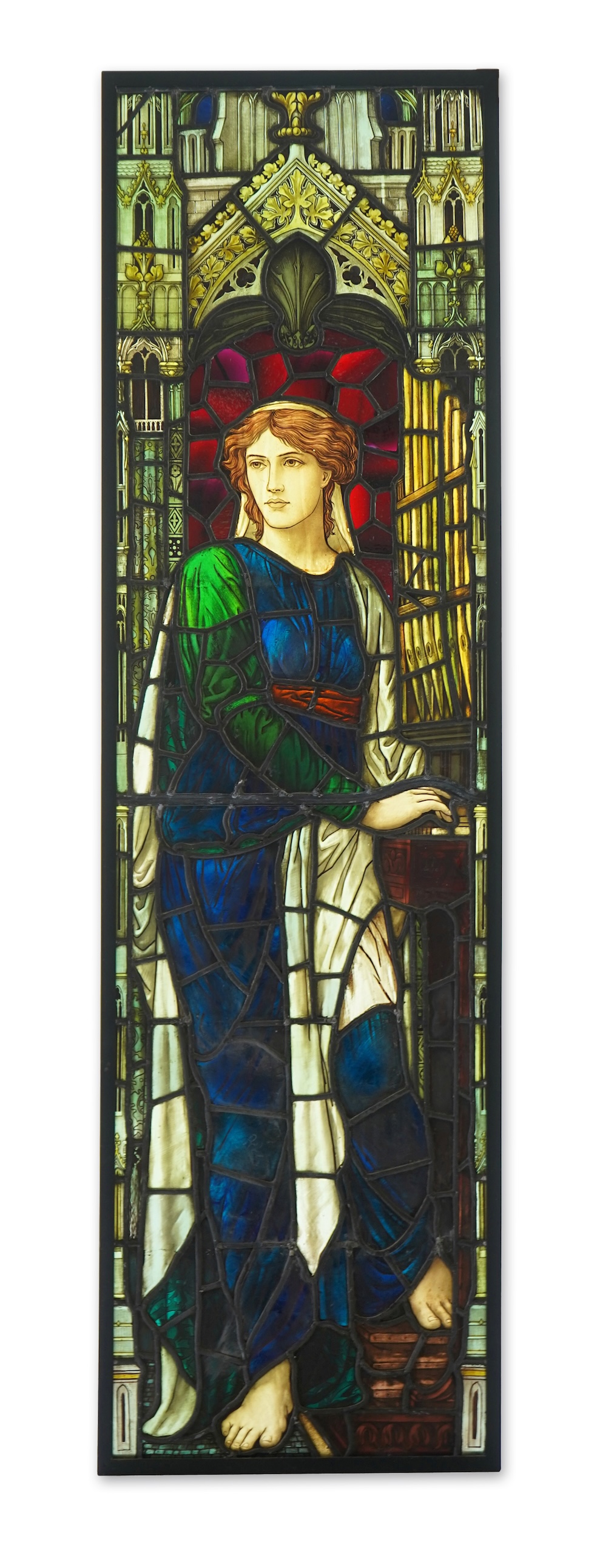 Attributed to Henry Holiday (1839-1927) for James Powell & Son: A stained and painted glass panel depicting St Cecilia